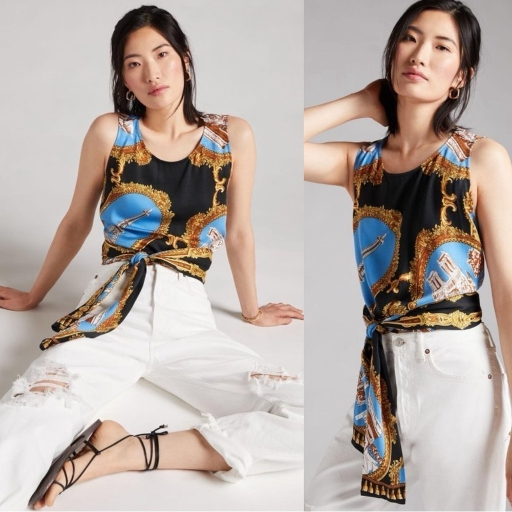 Anthropologie Black & Blue Baroque Print Tie-Waist Tank